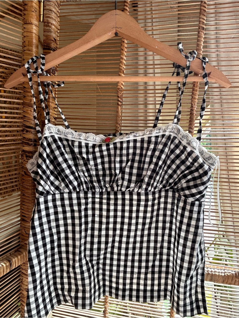 Kimchi Blue Black & White Gingham Lace-Trim Tank